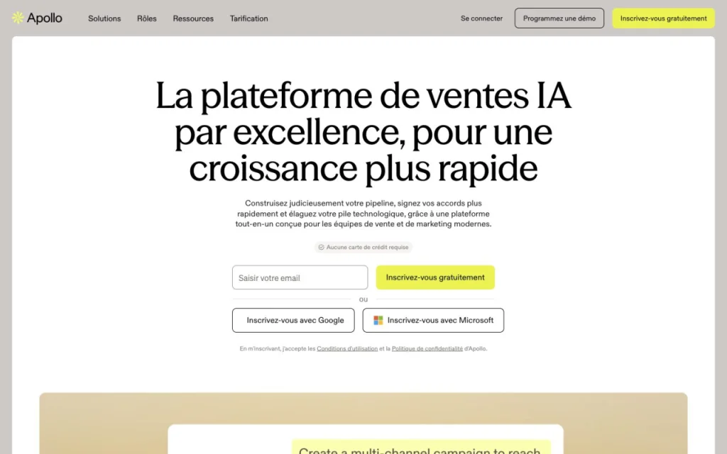 Page d'accueil du site d'Apollo.io