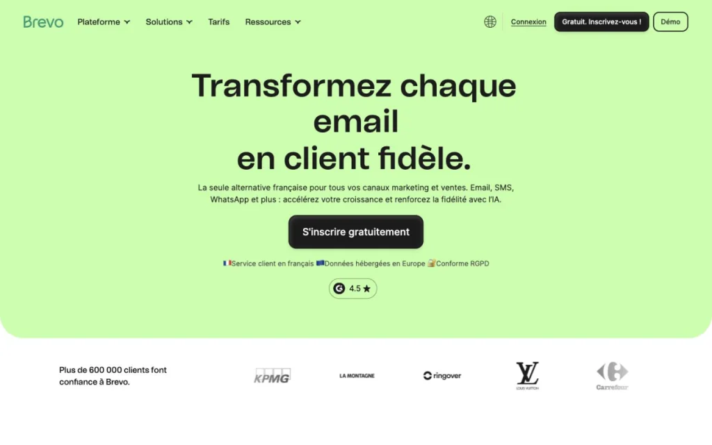 Page d'accueil du site de Brevo, présentant sa plateforme marketing multicanale