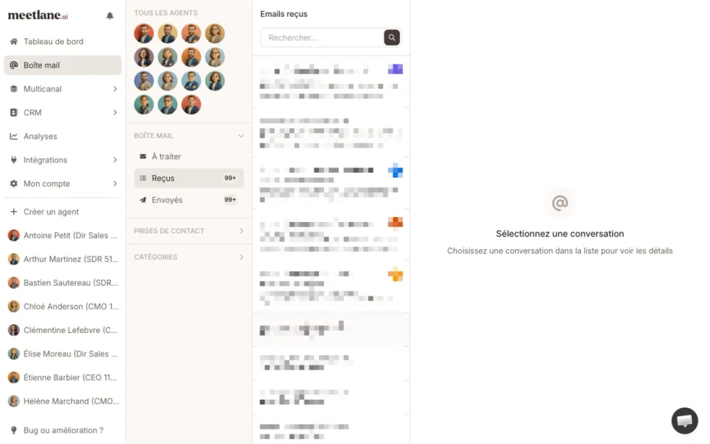 Boîte mail centralisée de Meetlane, avec les échanges en cours triés par agent et par statut de conversation