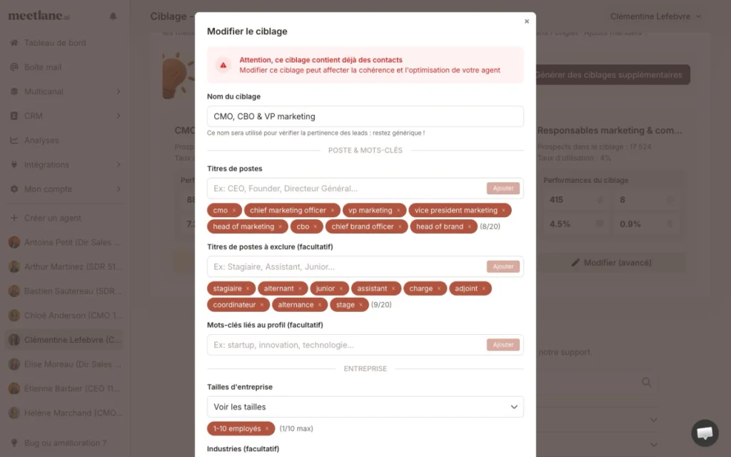 Interface de recherche de prospects