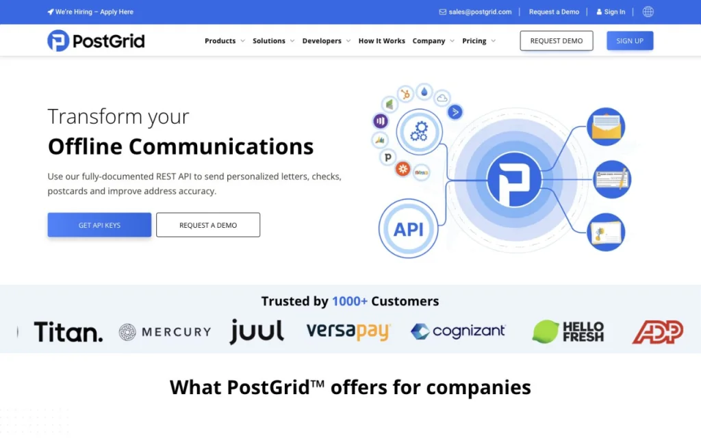 Page d'accueil du site de PostGrid
