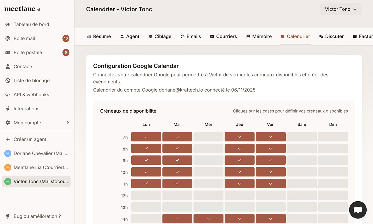 Cette page montre le google calendar connecté à l’agent, et la configuration : créneaux de disponibilités, évènements, page prise de rdv.