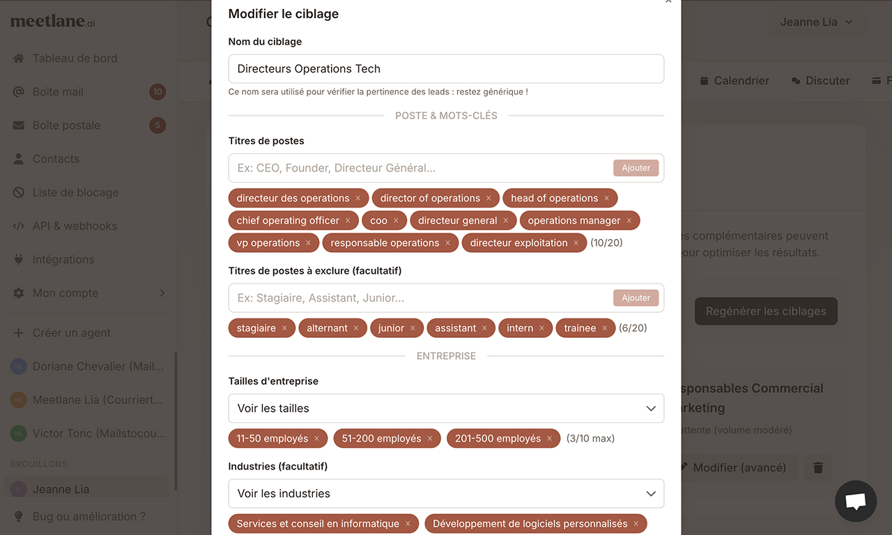 Interface de recherche de prospects LinkedIn