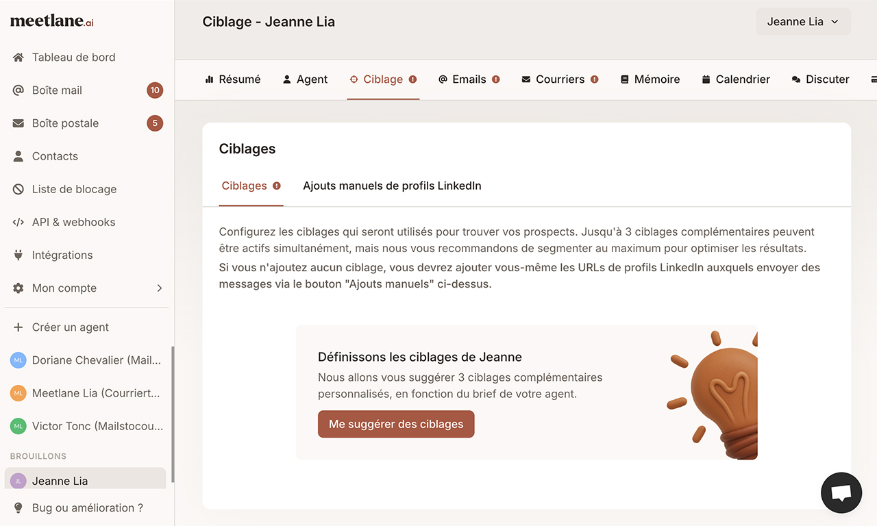 Cette page montre le ciblage de l’agent selon la configuration comportement, modifiables.