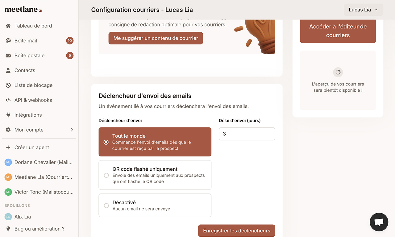 Cette page montre la configuration des courriers de l'agent : texte, visuel, déclencheurs, volume.