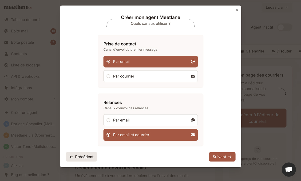 Cette pop in montre le choix pour un agent courrier mail : la prise de contact, et les relances.
