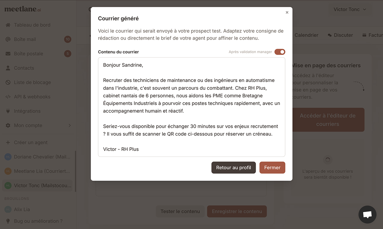 Cette pop in montre un profil fictif pour générer un contenu de courrier test qui lui serait envoyé, selon la configuration de l'agent.