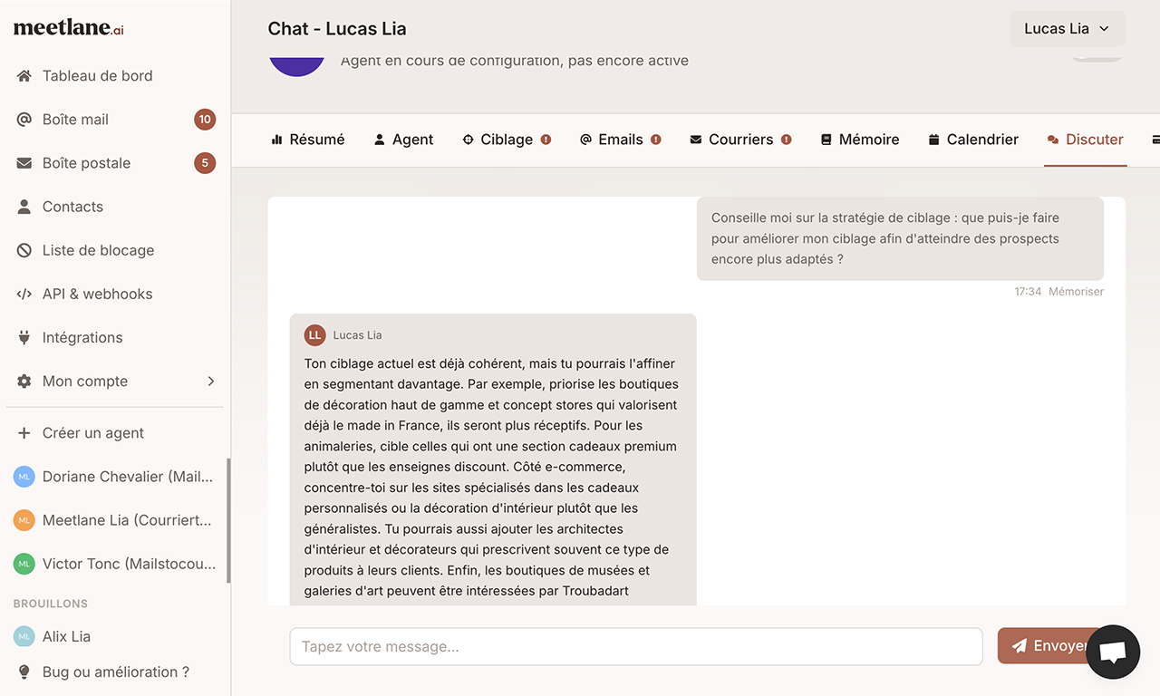 Cette page permet de discuter avec son agent Meetlane.