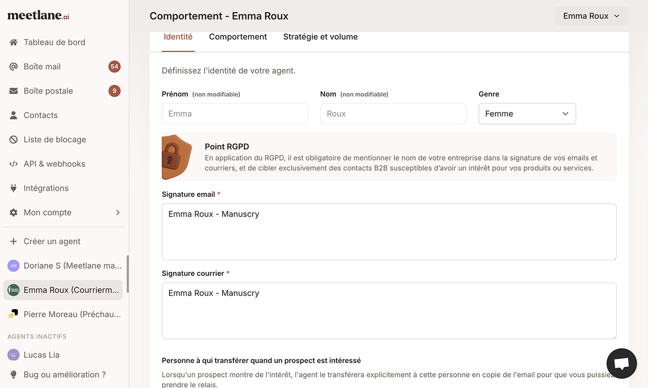 Cette page montre l’agent, et son identité pour choisir nom, prénom, signature, transfert de prospects intéressés.