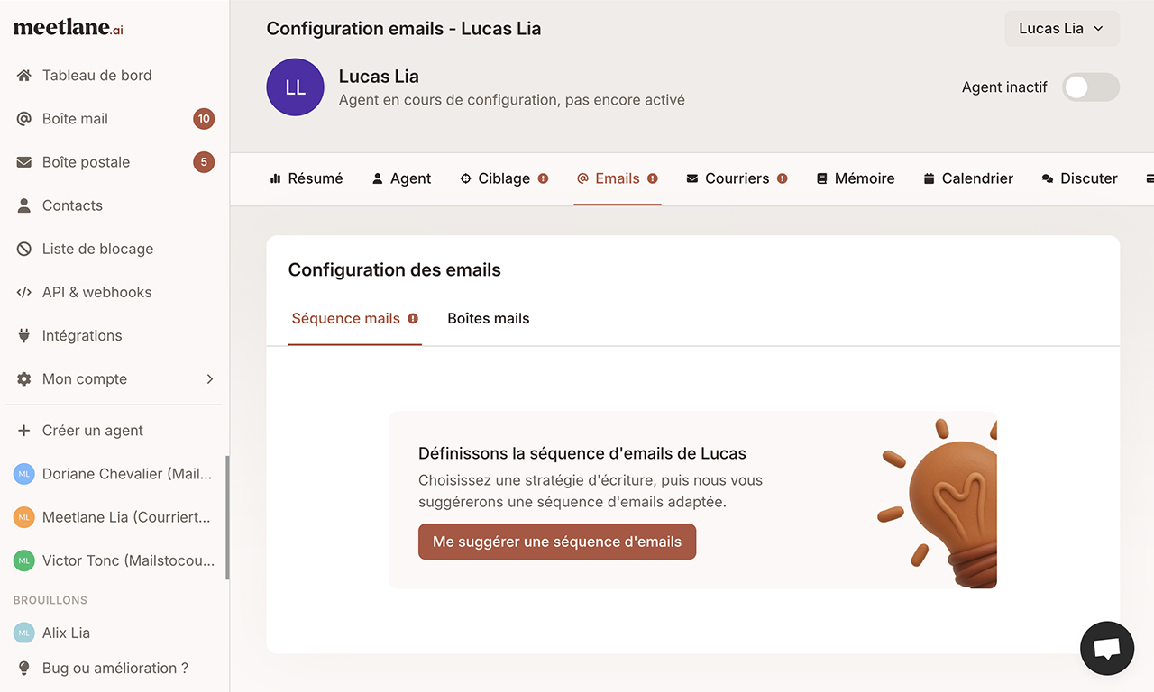 Cette page permet de donner des consignes à l’agent pour l’envoi et les relances, avec suggestion de séquences et consignes des mails et tests séquences.