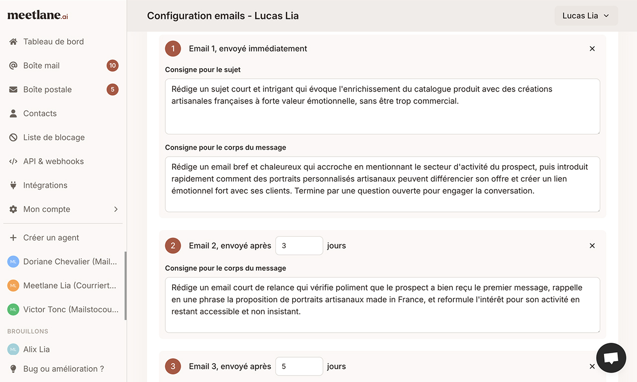Cette pop in montre une séquence test d’emails selon la configuration mise en place, basée sur un profil fictif.