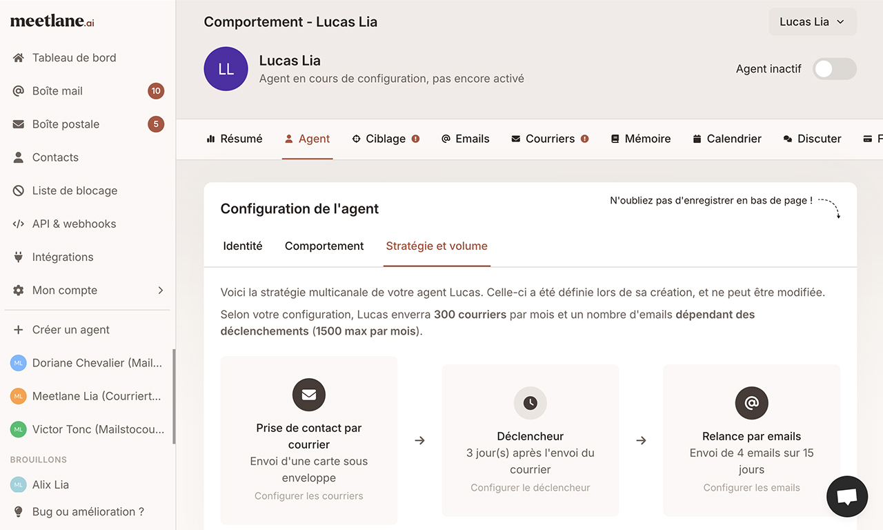 Cette page montre la stratégie multicanale de notre agent, avec une indication d’envois par mois.