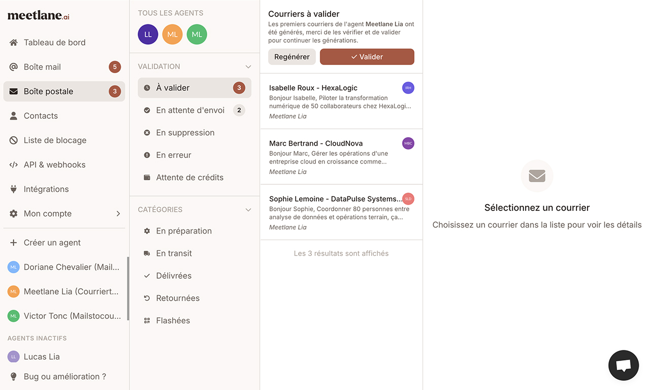 Page de la boîte postale du client, avec les courriers à valider, en attente d’envoi, en suppression, en erreur, en attente de crédits et les différentes catégories (en préparation, en transit, délivrées, retournées, flashées, non flashées).