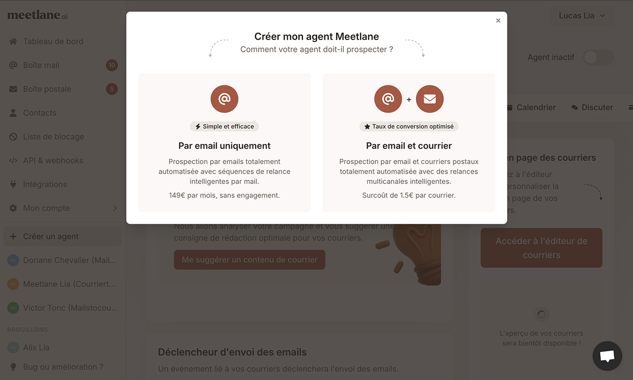 Cette pop in montre un choix de création d’agent entre mail et mail courrier