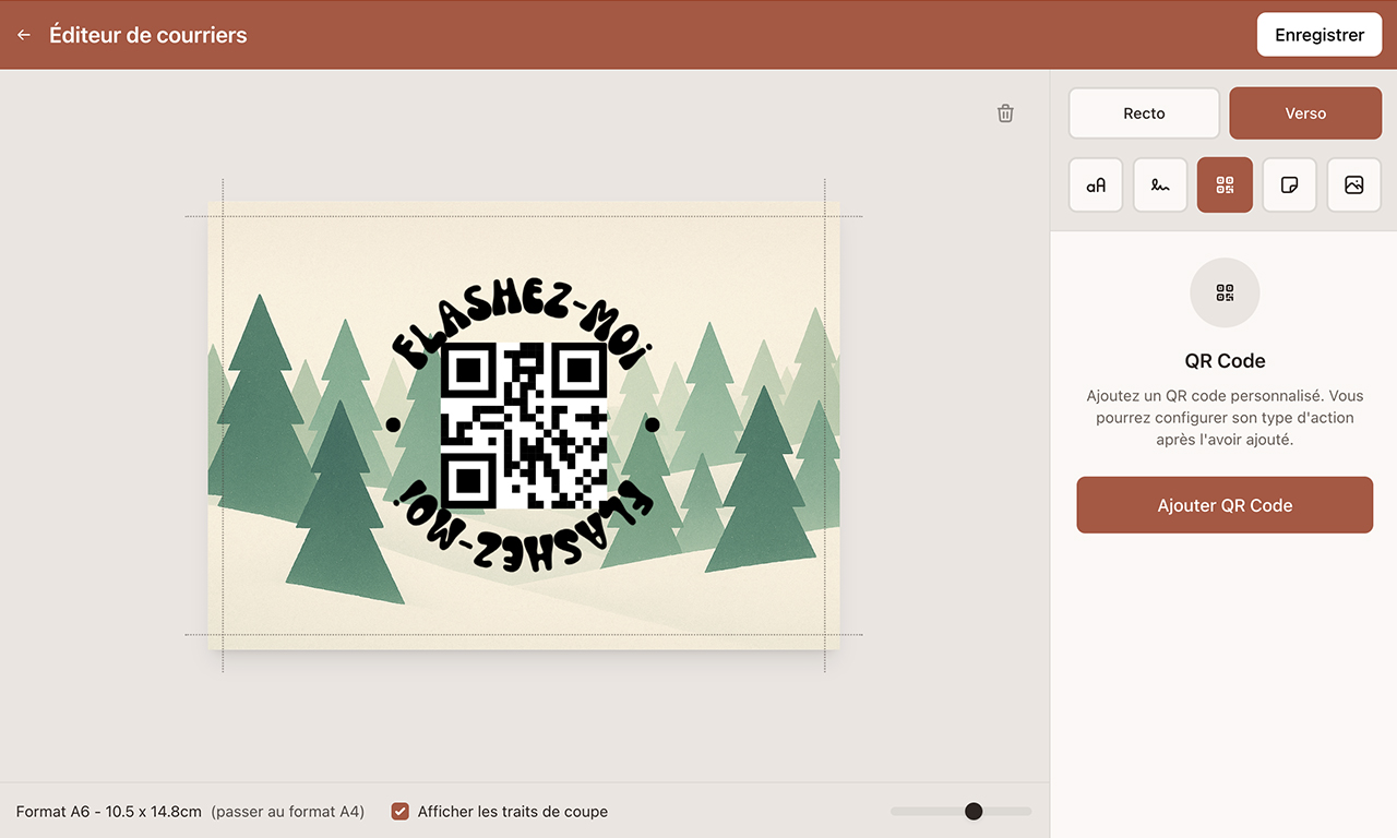 Cette page montre la partie verso du courrier A6, avec les configurations similaires et différentes de la partie recto.