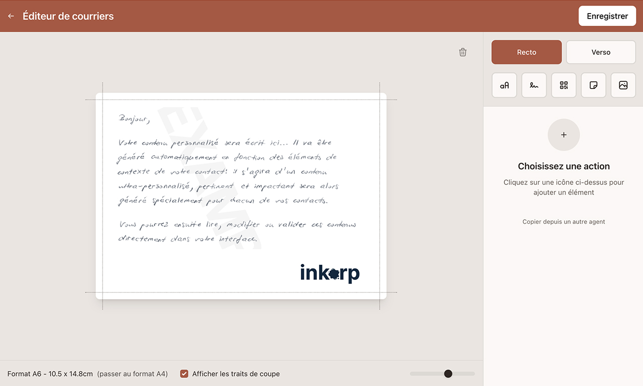 Cette page montre l’éditeur de courrier meetlane, avec les différents onglets et la visualisation.