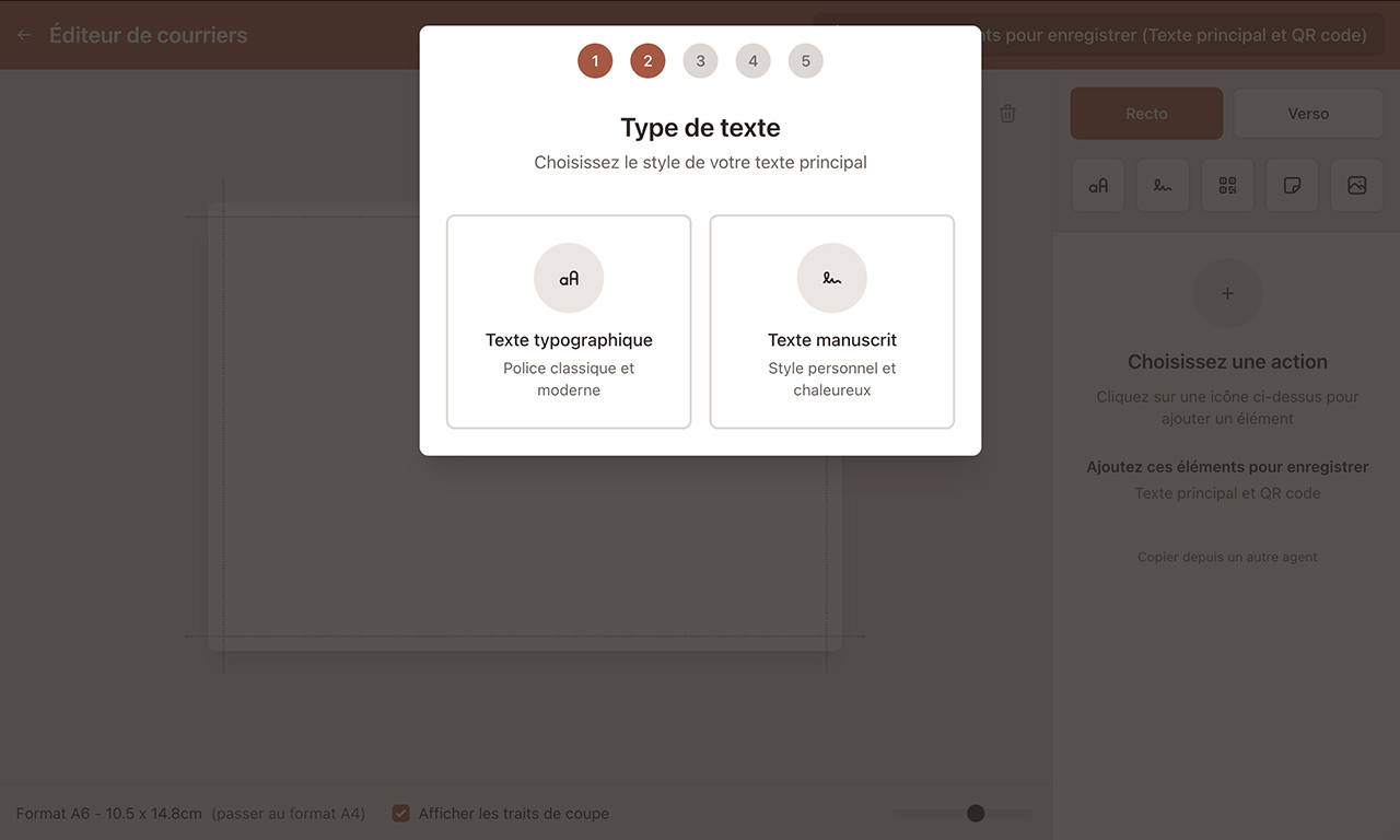Cette page montre la pop in en 5 étapes de l’éditeur meetlane, étape 2 texte manuscrit ou font normale.
