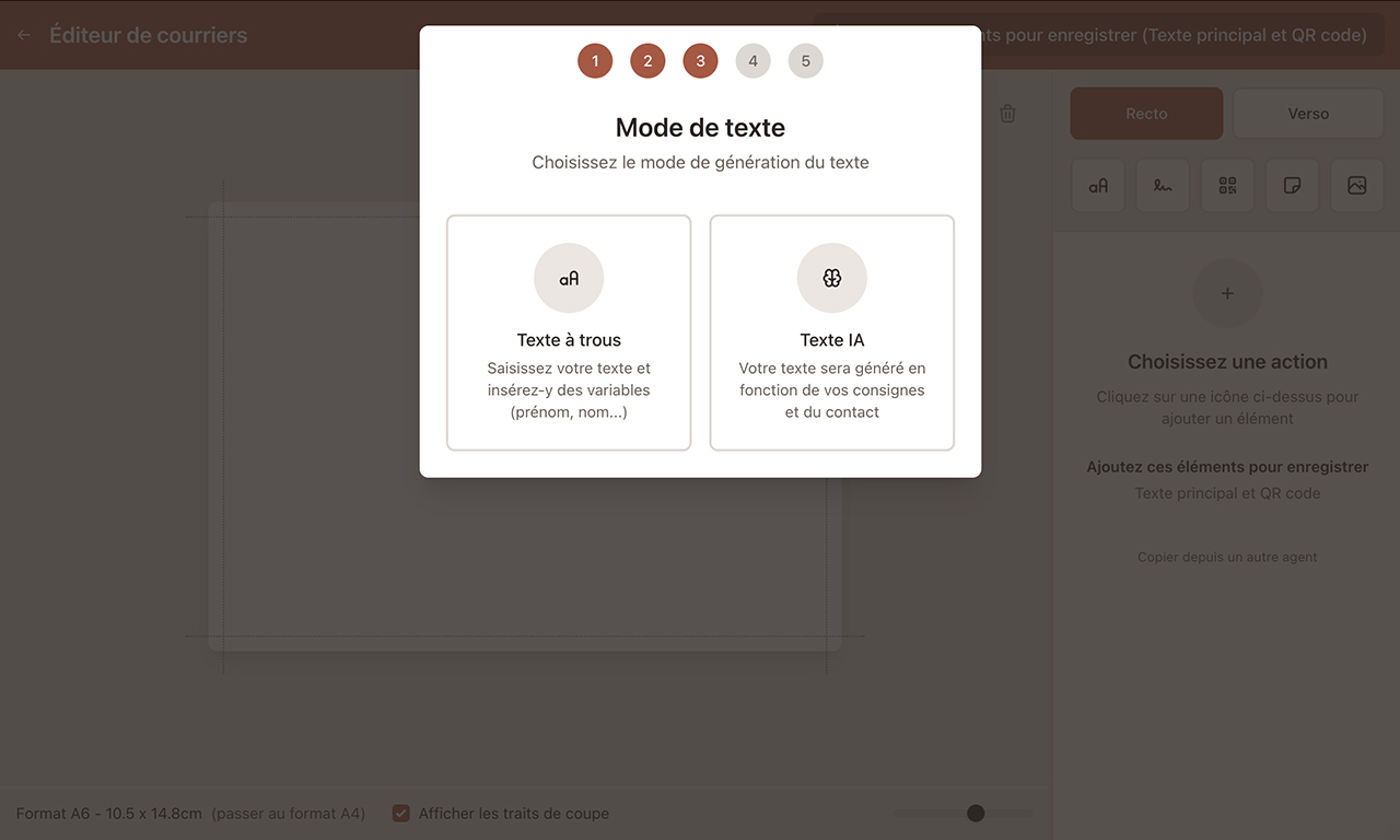Cette page montre la pop in en 5 étapes de l’éditeur meetlane, étape 3 texte à trous ou IA.