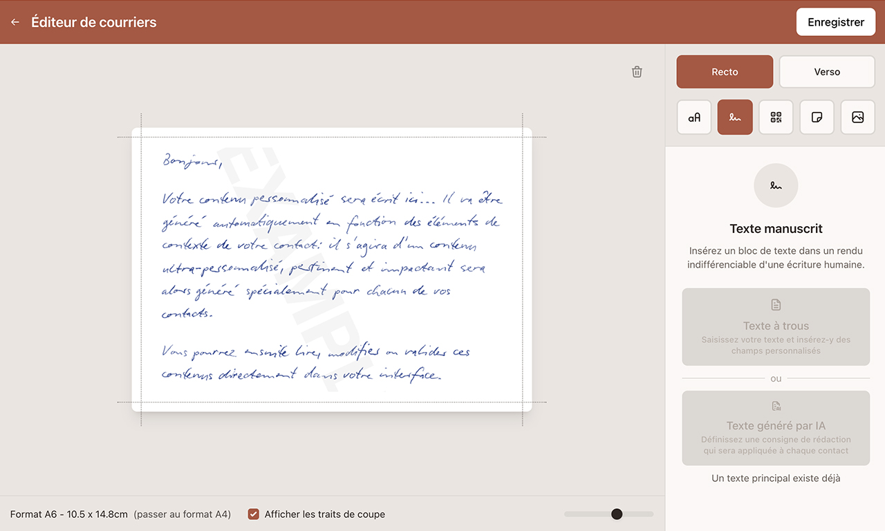 Cette page montre l’onglet texte de l’éditeur de courrier meetlane.