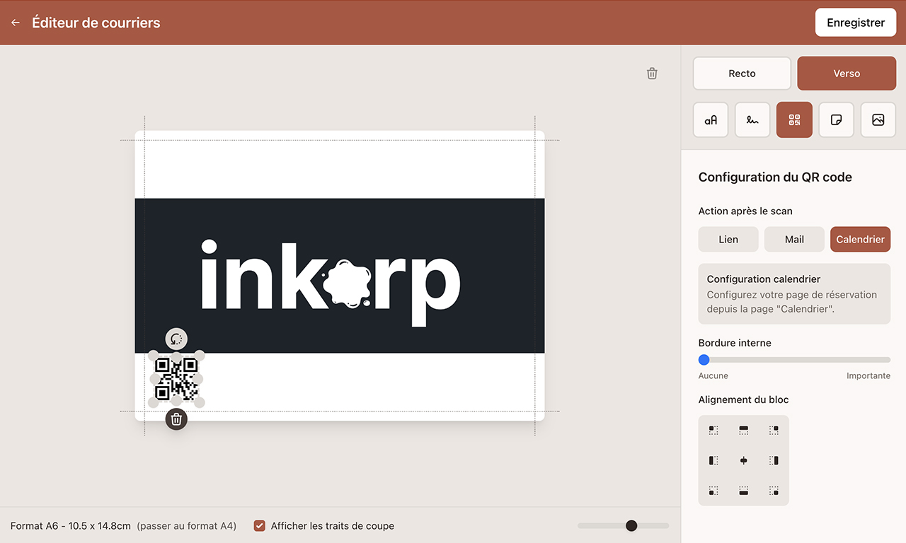 Cette page montre l’ajout d’un qr code sur l’éditeur de courrier.