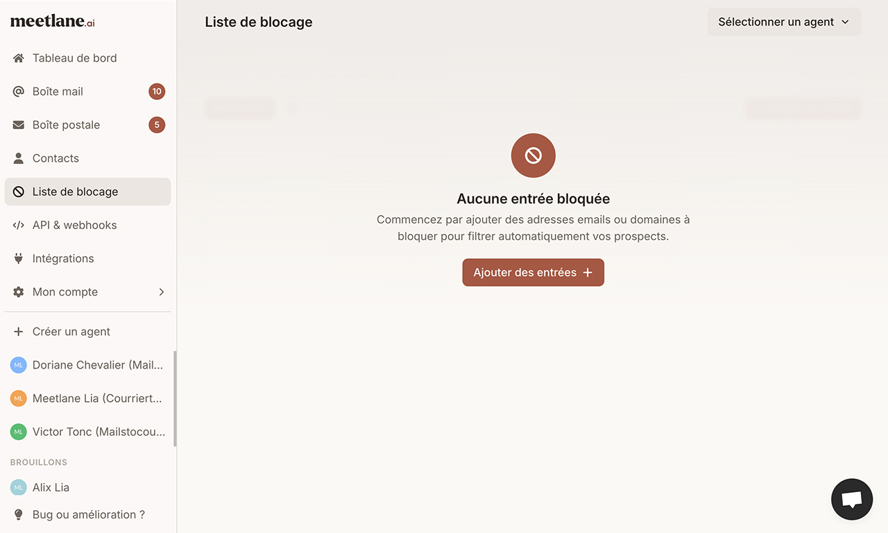 La page des adresses emails ou noms de domaine à bloquer pour filtrer les prospects.